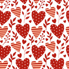 Seamless pattern of simple red hearts isolated on white for wrapping paper or fabric. Hand drawn style. Vector illustration.