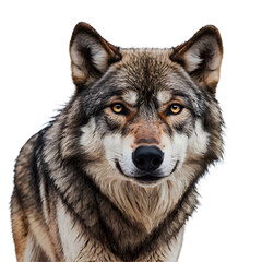 Obraz premium wolf close-up fcae with intense gaze isolated on white, transparent background