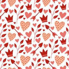 Seamless pattern of simple red hearts isolated on white for wrapping paper or fabric. Hand drawn style. Vector illustration.
