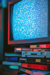 A close-up of a CRT television showing static with VHS tapes stacked beside it, evoking a retro home vibe 