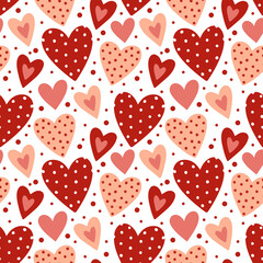 Seamless pattern of simple red hearts isolated on white for wrapping paper or fabric. Hand drawn style. Vector illustration.