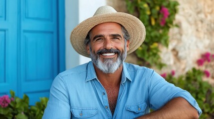 Fototapeta premium cheerful man with a distinguished beard sits warmly smiling in front of a striking blue door. setting is filled with colorful flowers, enhancing the beautiful day
