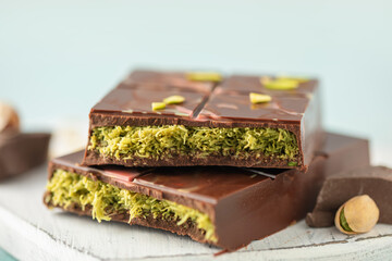 Dubai chocolate  with green kataifi and pistachio paste. Trend dessert