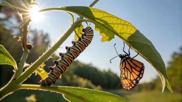 Monarch Butterfly Lifecycle with Caterpillar on Leaf in Nature