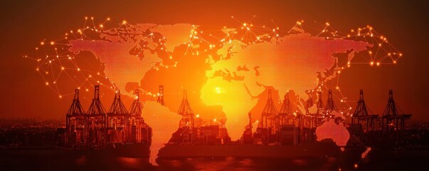 A digital world map overlays a sunset, symbolizing global connectivity and technology.