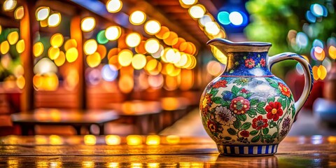 Exquisite Traditional Korean Ceramic Pitcher with Natural Motifs for Serving Water and Aromatic Beverages Captured with Tilt-Shift Photography Technique