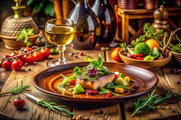 Exquisite Vintage Style Photography of a Gourmet Meal Elegantly Plated with Fresh Ingredients and Artistic Presentation, Capturing Culinary Artistry in a Rustic Setting