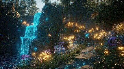 Fototapeta premium Enchanting Glowing Waterfall in a Magical Forest Path
