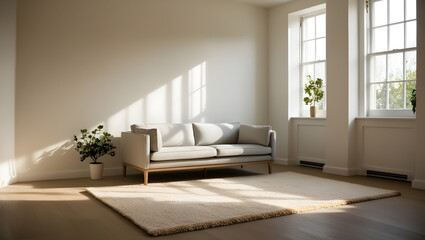Fototapeta premium A warm minimal interior design featuring a milk-white wall, a light gray sofa with clean lines, and an ecru beige rug with a soft texture. The room is spacious and bright, illuminated by natural sunli