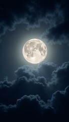 Glowing full moon illuminated by dark clouds in a night sky