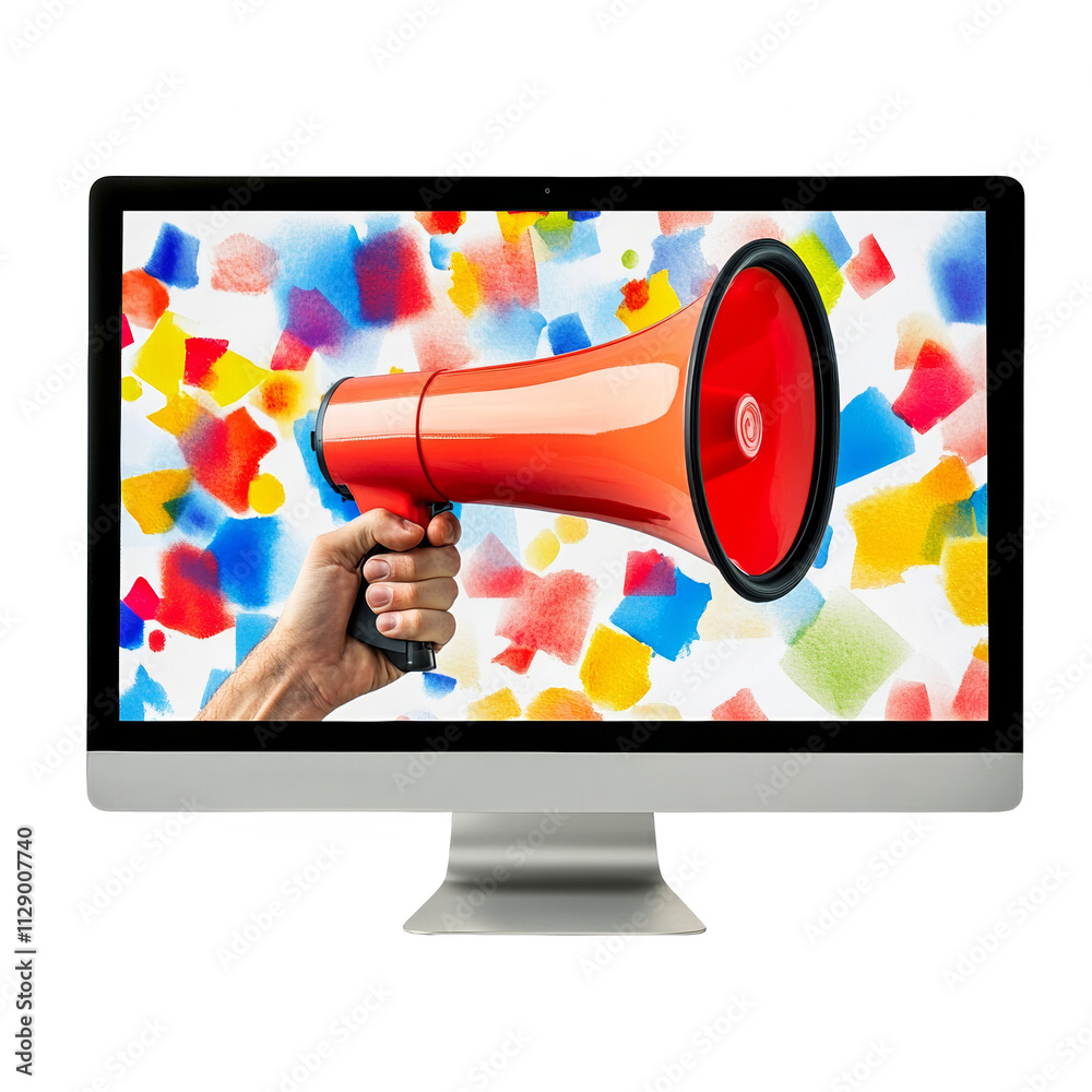 Poster digital voice. megaphone in hand on computer screen