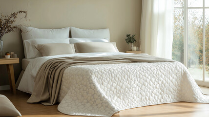 Cozy and modern bedroom with a comfortable bed. Concept of relaxation and tranquility.