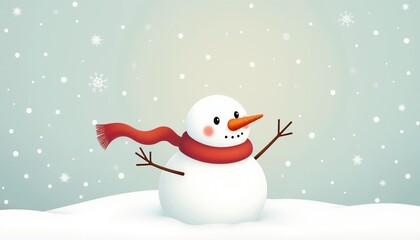 Cute snowman with a red scarf smiling in a snowy winter landscape
