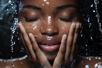 A photorealistic close-up of a 21-year-old African woman washing her face with water, water droplets falling on her face, eyes closed, lips slightly parted, her hands gently cradling her face 2