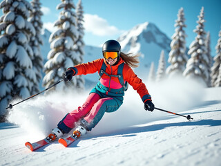 Close-up front view, girl on skis goes down the slope. Active winter recreation, skiing on a sunny day.