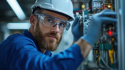 A technician in a safety helmet and goggles works diligently on complex electrical equipment in a well-lit industrial environment, ensuring optimal performance
