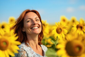 A middle-aged woman with freckles and red hair, standing in a sunflower field, smiling brightly under clear blue skies, vibrant yellow flowers surrounding her 3