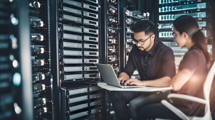 Computer engineer working on laptop computer with server room, data center, big data storage as backgrounds, digital technology, database, IT support, telecommunication concept.