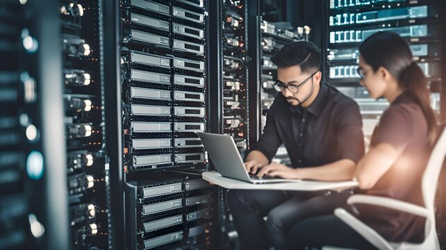 Computer engineer working on laptop computer with server room, data center, big data storage as backgrounds, digital technology, database, IT support, telecommunication concept.