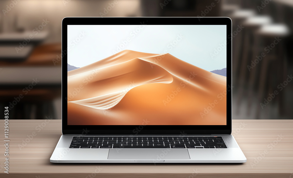 Fototapete a sleek laptop with a vibrant display showcasing beautiful sandy dunes, symbolizing modern technolog