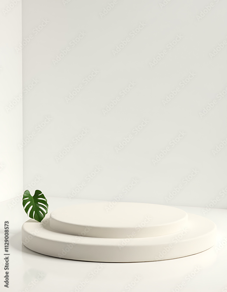 Poster minimal white wall features a sandstone top product display platform with a single tropical monstera