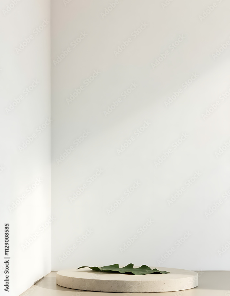 Poster minimal white wall features a sandstone top product display platform with a single tropical monstera