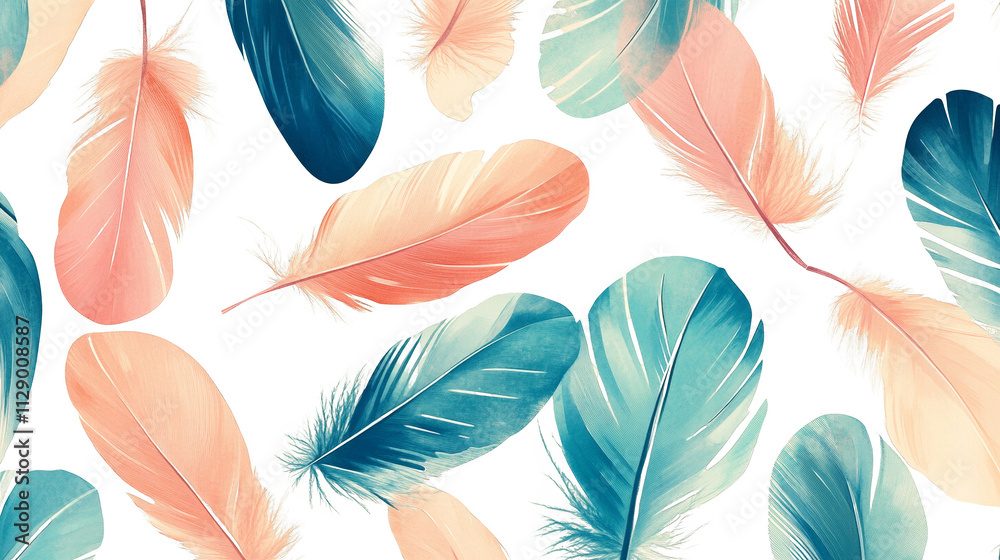 Poster whimsical plumes. colorful feather pattern on transparent background