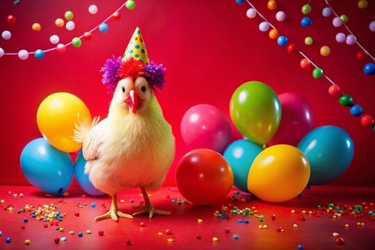 Festive Birthday Chicken Celebration on a Vibrant Red Background with Ample Copy Space for Customizable Messages and Invites for a Fun-Filled Party