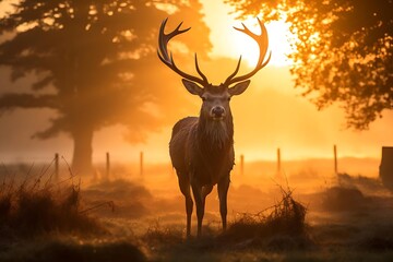 Majestic red deer stag silhouetted against a vibrant sunrise in a misty autumnal field.
