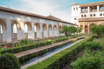 Portico in El Palacio del Partal  or Partal Palace with fountains. Albaicin old town, Alhambra castle, Andalusia, Spain.