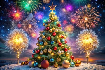 Festive Christmas Tree Surrounded by Vibrant Fireworks Illuminating the Night Sky in a Joyful Celebration of the Holiday Season