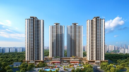 Modern residential complex with retail space and pool.