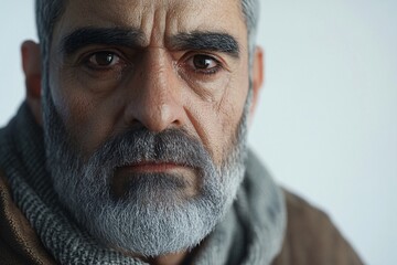 Obraz premium A melancholic Turkish man with a gray beard and sorrowful eyes, sitting alone under soft light against a white background, 3D realism, close-up view 1
