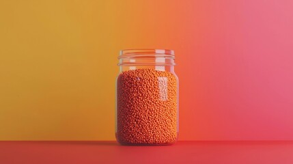 Colorful jar filled with orange lentils against a vibrant gradient background