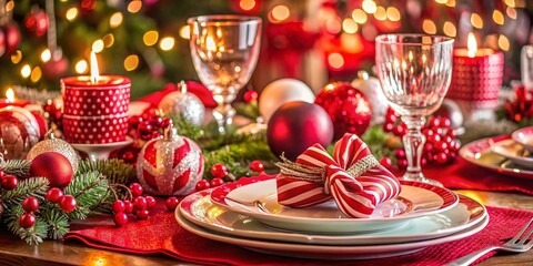 Festive Holiday Table Setting with Elegant Red and White Decor Featuring Plates, Cutlery, Glassware, and Ornaments for a Cozy Celebration Atmosphere