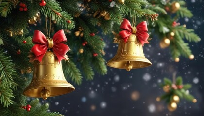 Golden Christmas bells hanging from the branches of a fir tree amidst snowflakes and holly leaves, Christmas decorations, holly leaves