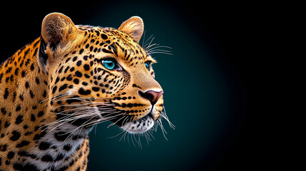 Fototapeta premium A close-up of a leopard's face showcasing its distinctive spots and striking blue eyes against a dark background.