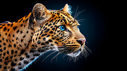 Obraz premium A close-up of a leopard's face showcasing its striking features and vibrant blue eyes against a dark background.