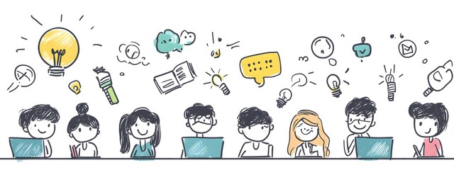 Fototapeta premium A cartoon drawing of students sitting around an office table, each with their own laptop and paper, surrounded by colorful symbols representing ideas