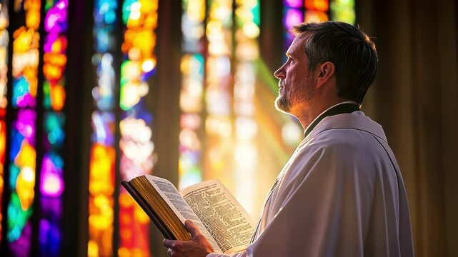 Priest Reading Scripture by Stained Glass Window
