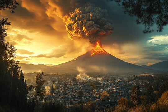 A volcanic eruption towering over a cityscape at sunset, showcasing nature's power.