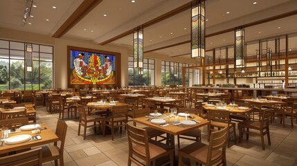 Elegant and Inviting Restaurant Interior with Stained Glass Accents