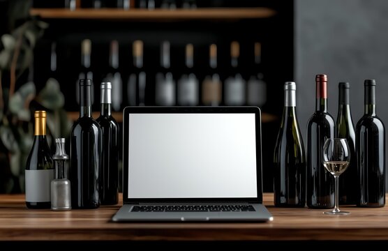A sleek laptop sits on a wooden table surrounded by elegant wine bottles, evoking a sophisticated ambiance perfect for wine tasting or online business.