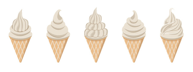 Vanilla ice cream cone flat illustration. Vector set with ice cream of different shapes. Beige and white  ice cream on white background. Swirl of soft serve ice cream. 