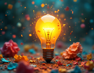 Ideas spark with the power of a lightbulb amidst creativity and chaos in a colorful, cluttered environment reminiscent of a crumpled paper ball._00001_