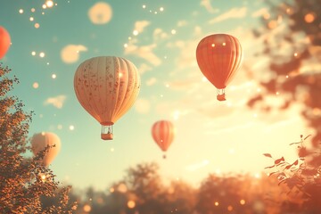 Fototapeta premium Colorful hot air balloons floating in a serene sky during sunset.
