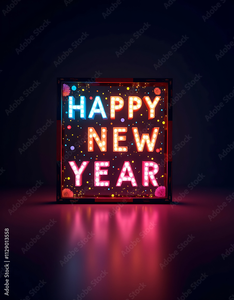 Poster happy new year celebration concepts feature a cinema light box with colorful elements set against a 