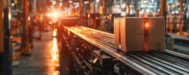 A cardboard box moves along a conveyor belt in a warehouse, illuminated by warm lights, showcasing a busy shipping and logistics environment.