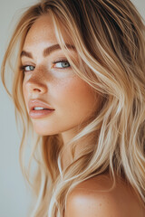 Fototapeta premium Close-up Profile of a Woman with Freckled Skin and Beachy Blonde Hair
