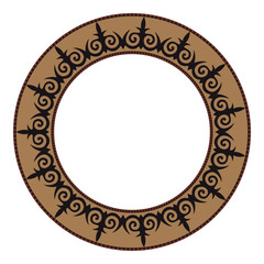 Vector black and gold round Kazakh national ornament. Ethnic pattern of the peoples of the Great Steppe, Kazakh, Mongols, Kyrgyz, Kalmyks. Circle, frame border. For sandblaster, ceramic, patchwork,